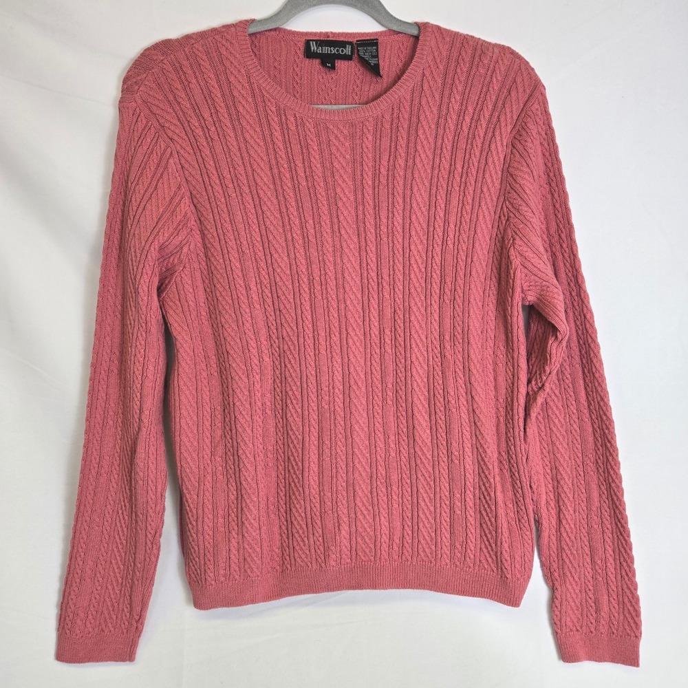Wainscott 100% Cotton‎ Classic Preppy Cable Knit Sweater, Pink, Medium, Vintage